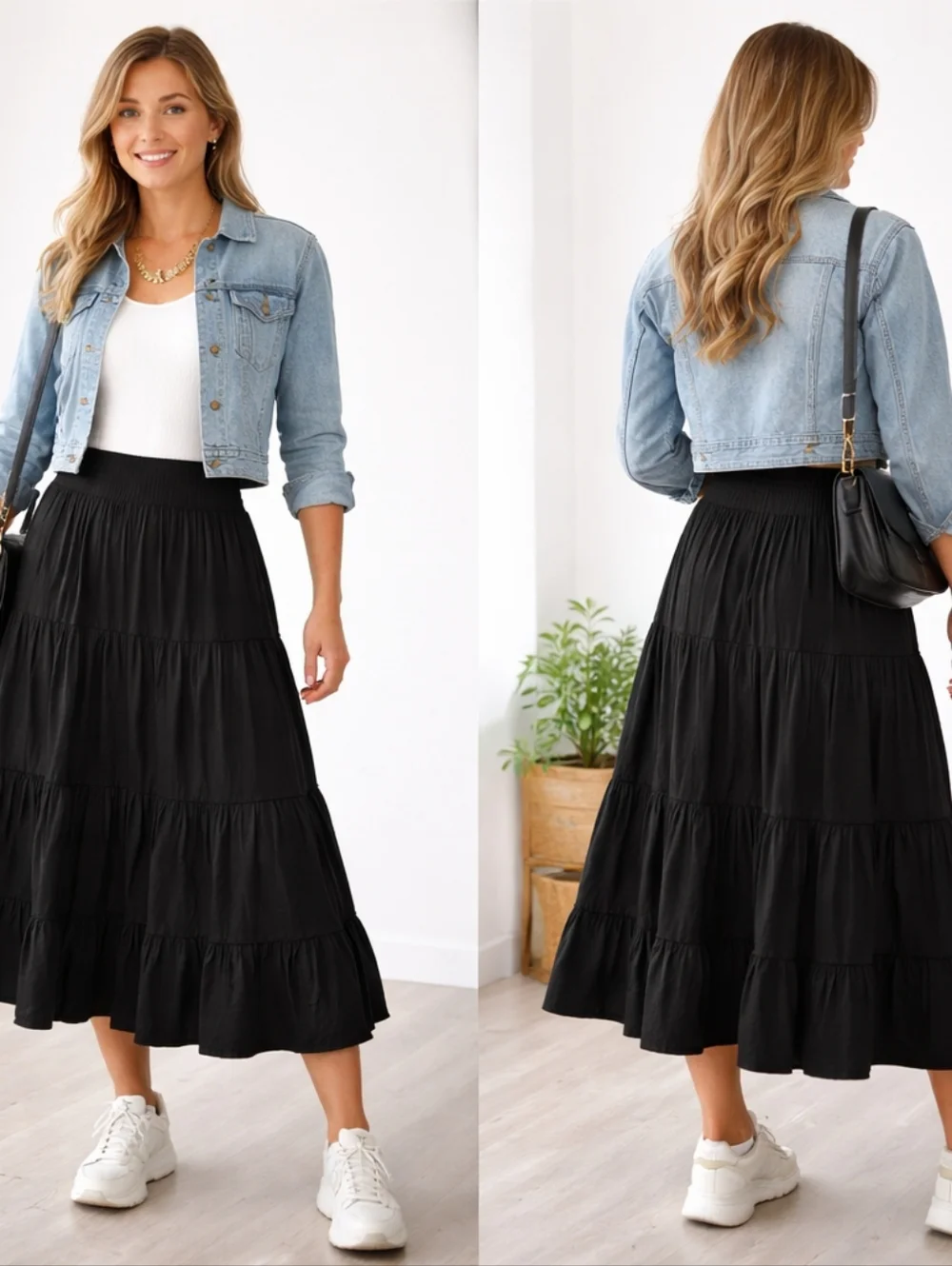 Old Navy Black Tiered Midi Skirt XS Boho Casual Elastic Waist Lined - Picture 2 of 6